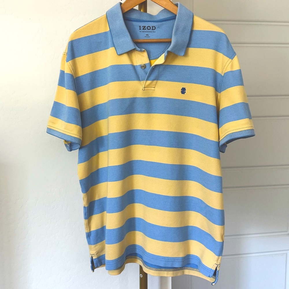 90s Y2K Style Men's Preppy Yellow Blue‎ Striped Rugby Short Sleeve Polo Size XXL